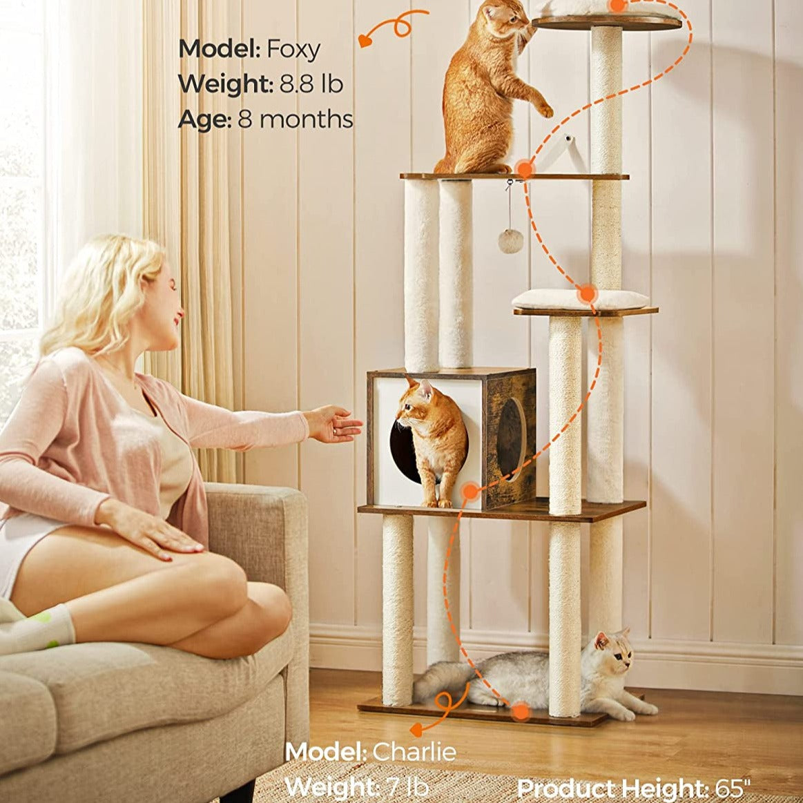 Woodywonders Cat Tree, 65-Inch Modern Cat Tower for Indoor Cats, Multi-Level Cat Condo with 5 Scratching Posts, Perch, Washable Removable Cushions, Cat Furniture, Rustic Brown UPCT166X01